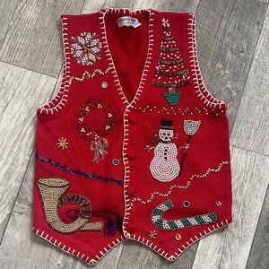 Vintage Red Holiday Vest with Embroidered Designs